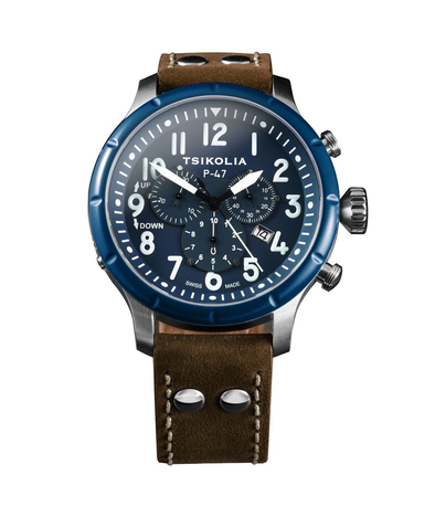 TSIKOLIA P47 Limited Edition Swiss Made Men's Leather Watch - Blue Bezel
