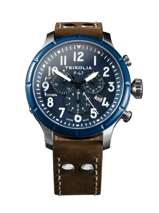 TSIKOLIA P47 Limited Edition Swiss Made Men's Leather Watch - Blue Bezel