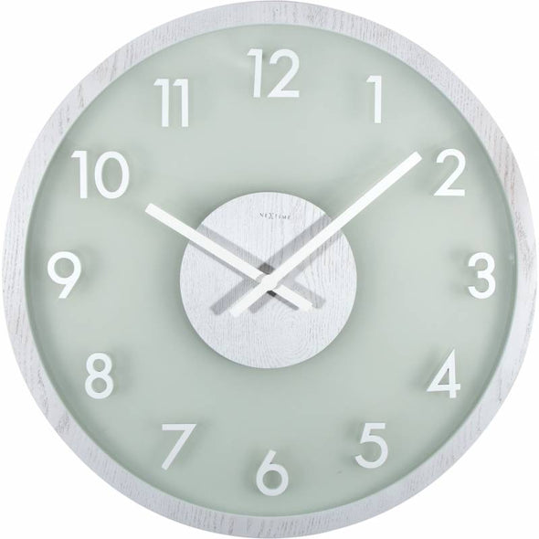 NeXtime 50cm Frosted Wood Glass & Wood Round Wall Clock - White