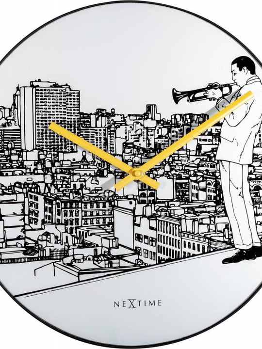 NeXtime 40cm Trumpet City Glass & Metal Round Wall Clock - White
