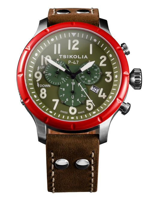 TSIKOLIA P47 Limited Edition Swiss Made Men's Leather Watch - Red Bezel