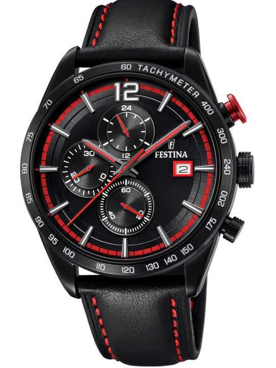Festina Chrono Sport Analogue Men's Wrist Watch with Leather Strap - Black