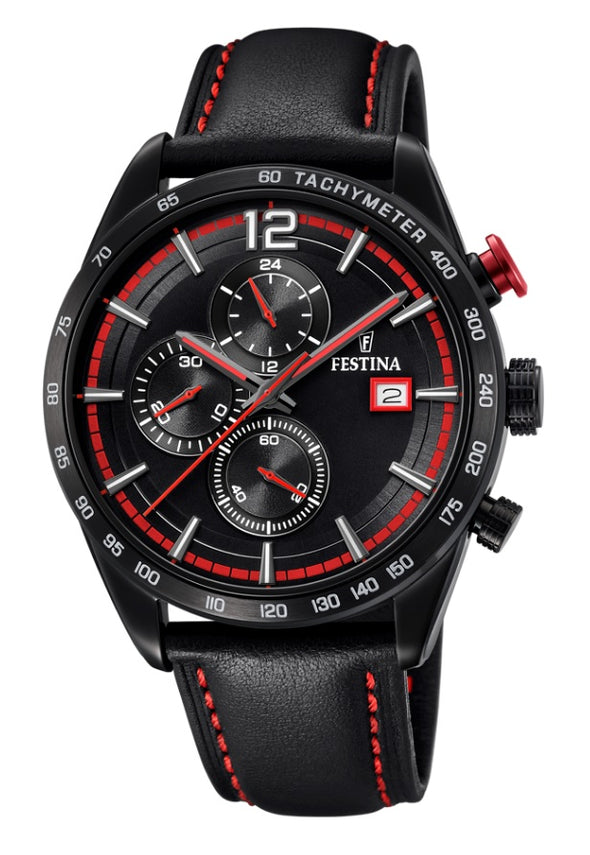 Festina Chrono Sport Analogue Men's Wrist Watch with Leather Strap - Black